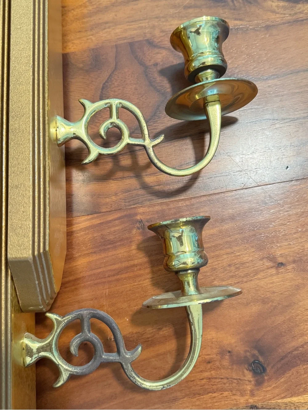 Vintage Set of 2 Home Interiors Gold Wall Scones, Wood & Brass Candle Holders